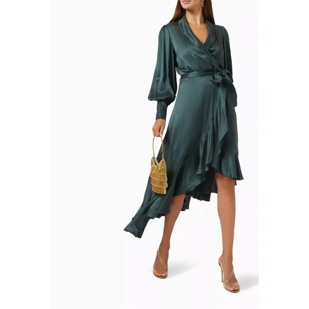 Eloquii Teal Long Sleeve Wrap Dress with pearl buttons - Picture 3 of 10